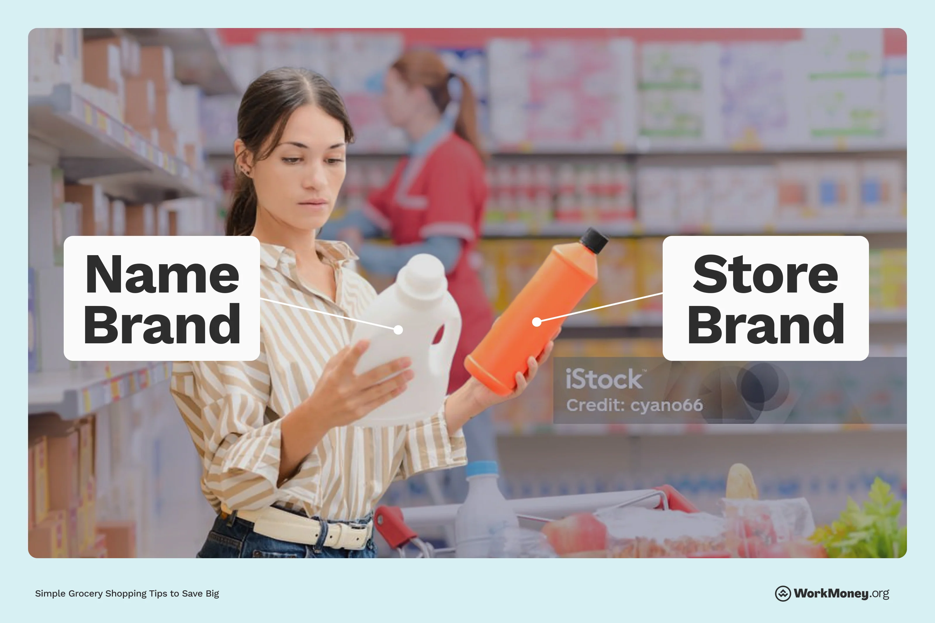 A shopper evaluates a name brand vs. a store brand cleaning product in a grocery store aisle, illustrating a money-saving tip about choosing store brands.
