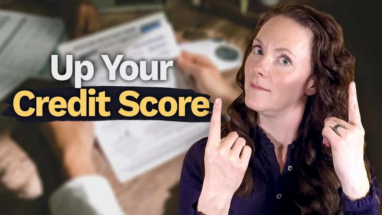 A woman with brown hair in front of hands holding a paper. The woman has both hands in front of her pointing upward. To the left are words that say Up your credit score