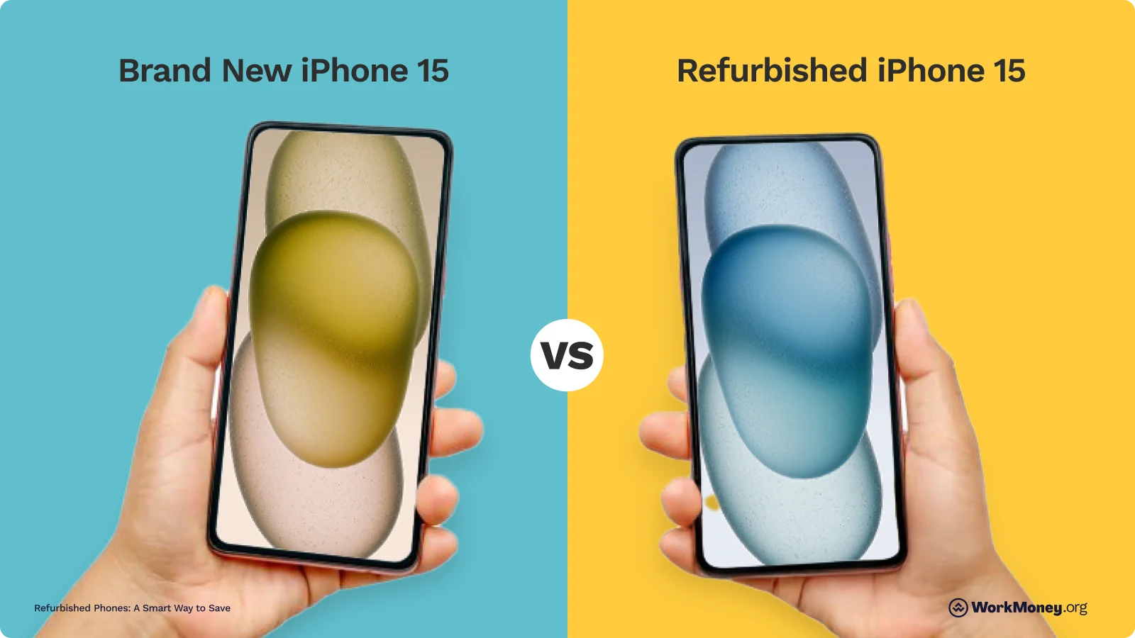 Two different iPhones are held up - new and used.