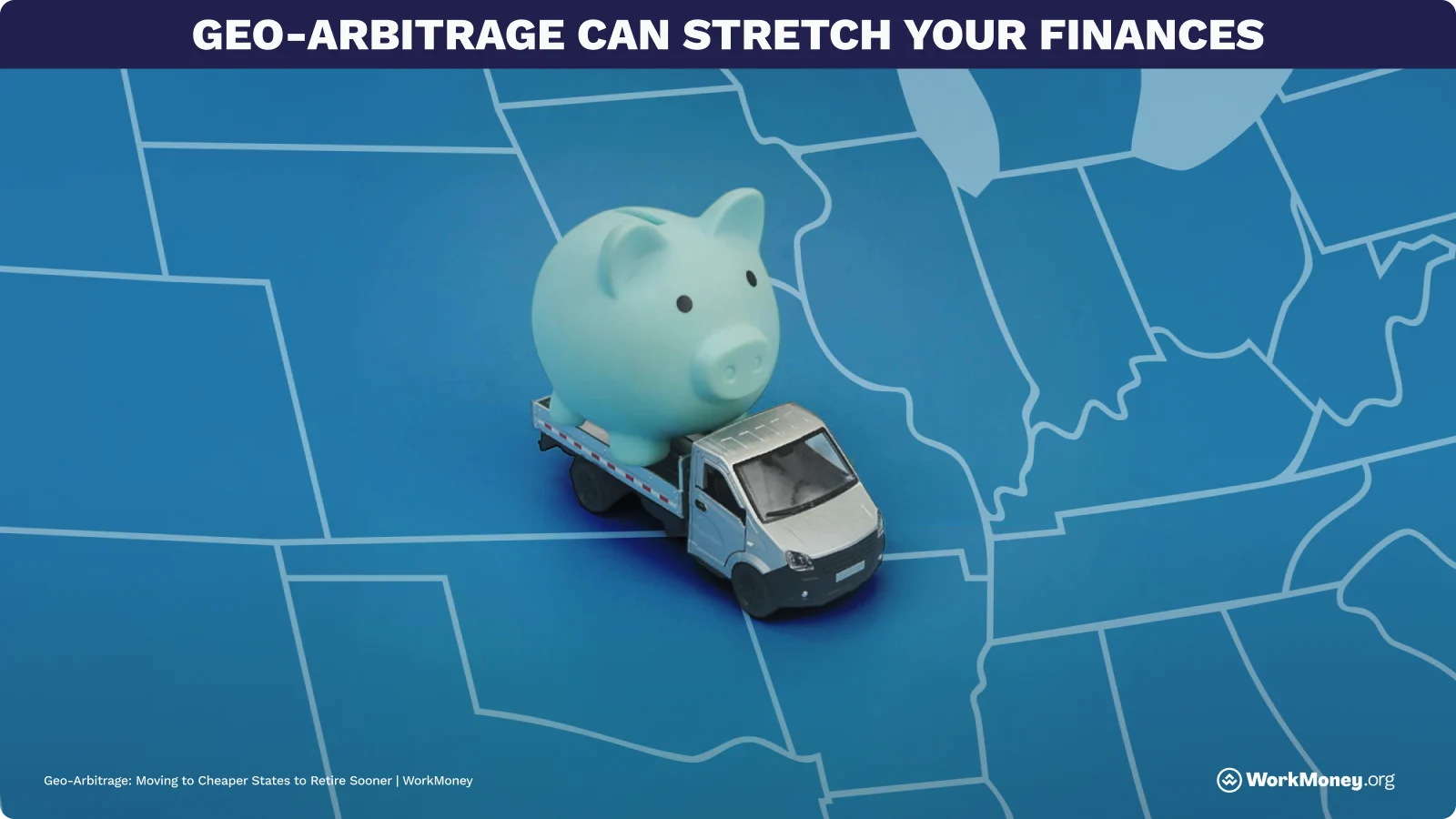 Map showing a moving truck with a piggy bank on the back