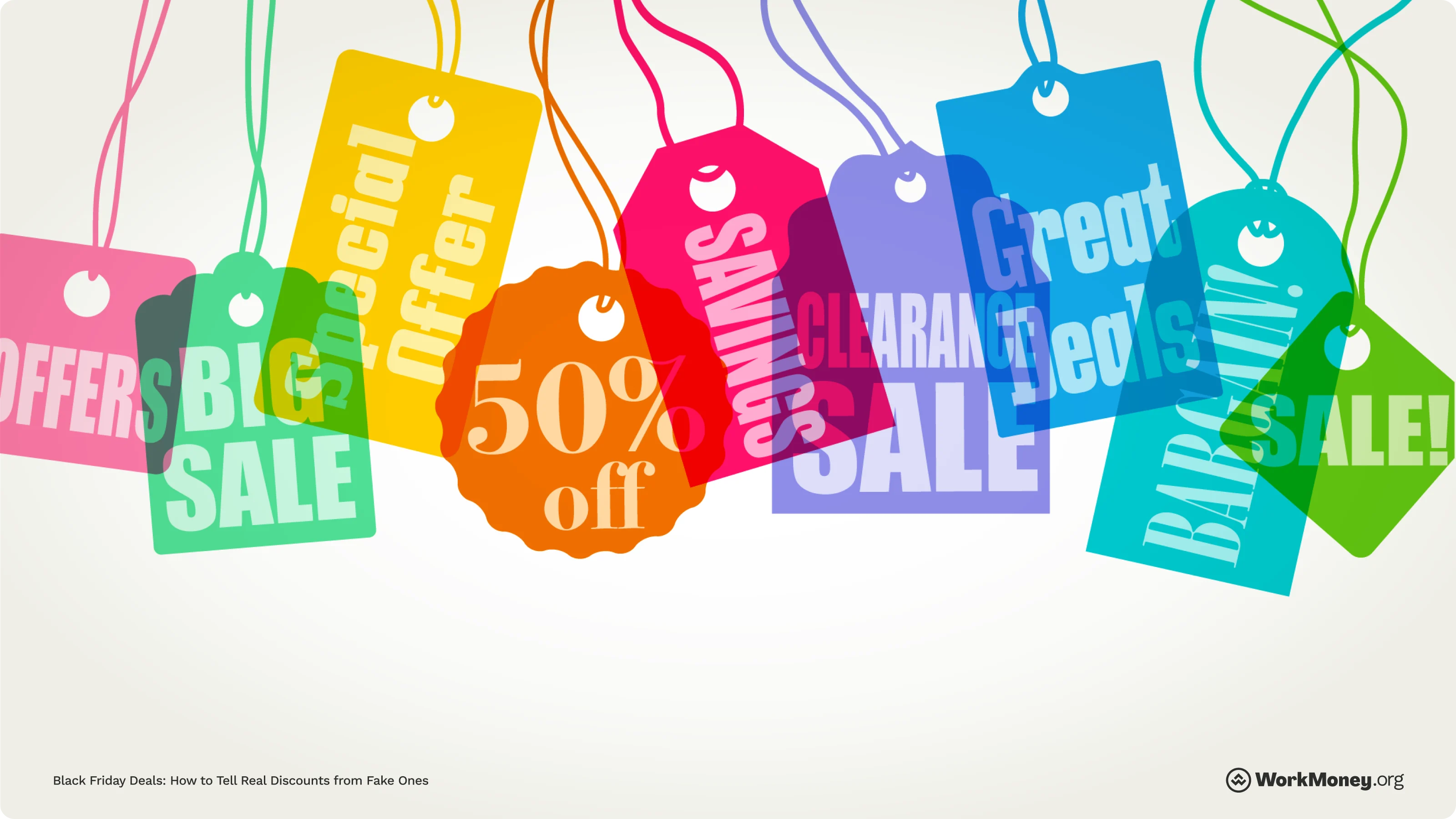 Shopping tags saying sales and great deals.