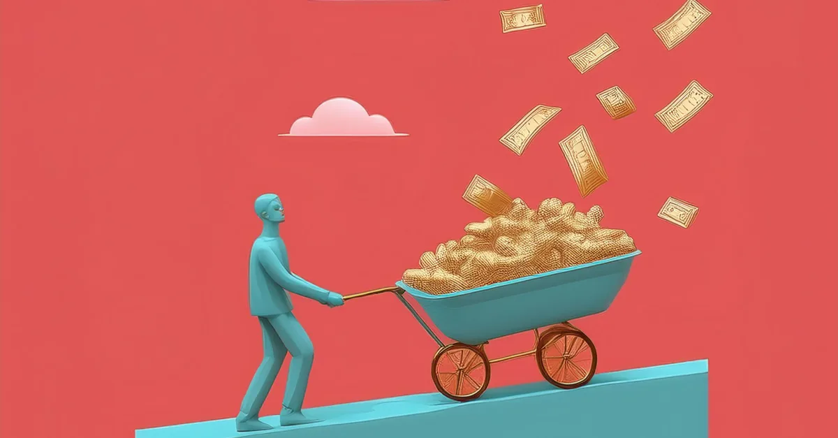 The image features a stylized blue figure pushing a wheelbarrow overflowing with golden money and coins up an incline. As the figure moves forward, some of the money spills out into the air. Set against a bold red background with a small cloud, the composition symbolizes financial struggle, effort, or the challenge of retaining wealth, possibly reflecting themes of wages, work, or economic mobility.