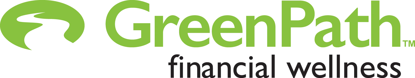 Letras verdes que dicen "GreenPath bienestar financiero", con un círculo que contiene un camino sinuoso en su interior.