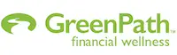 green words that say GreenPath financial wellness, with a circle with a winding path inside it