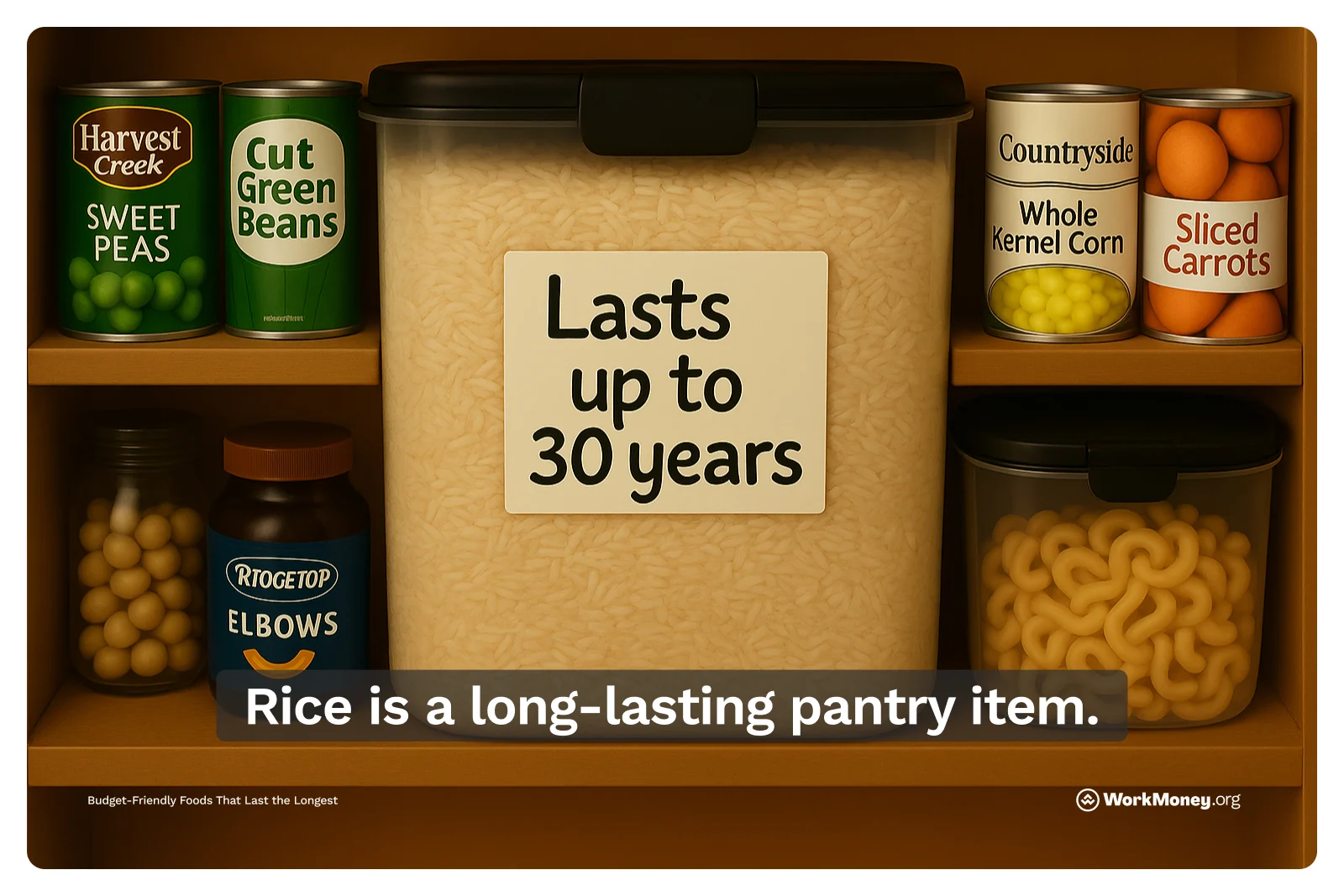 Image of rice in a container sharing that it can last up to 30 years.