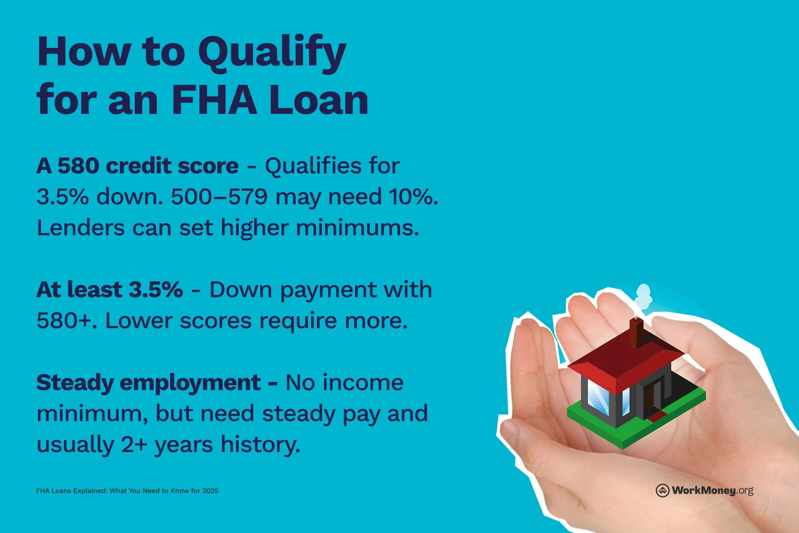 How to qualify for an FHA loan including a 580 credit score, at least a 3.5% down payment and steady employment.