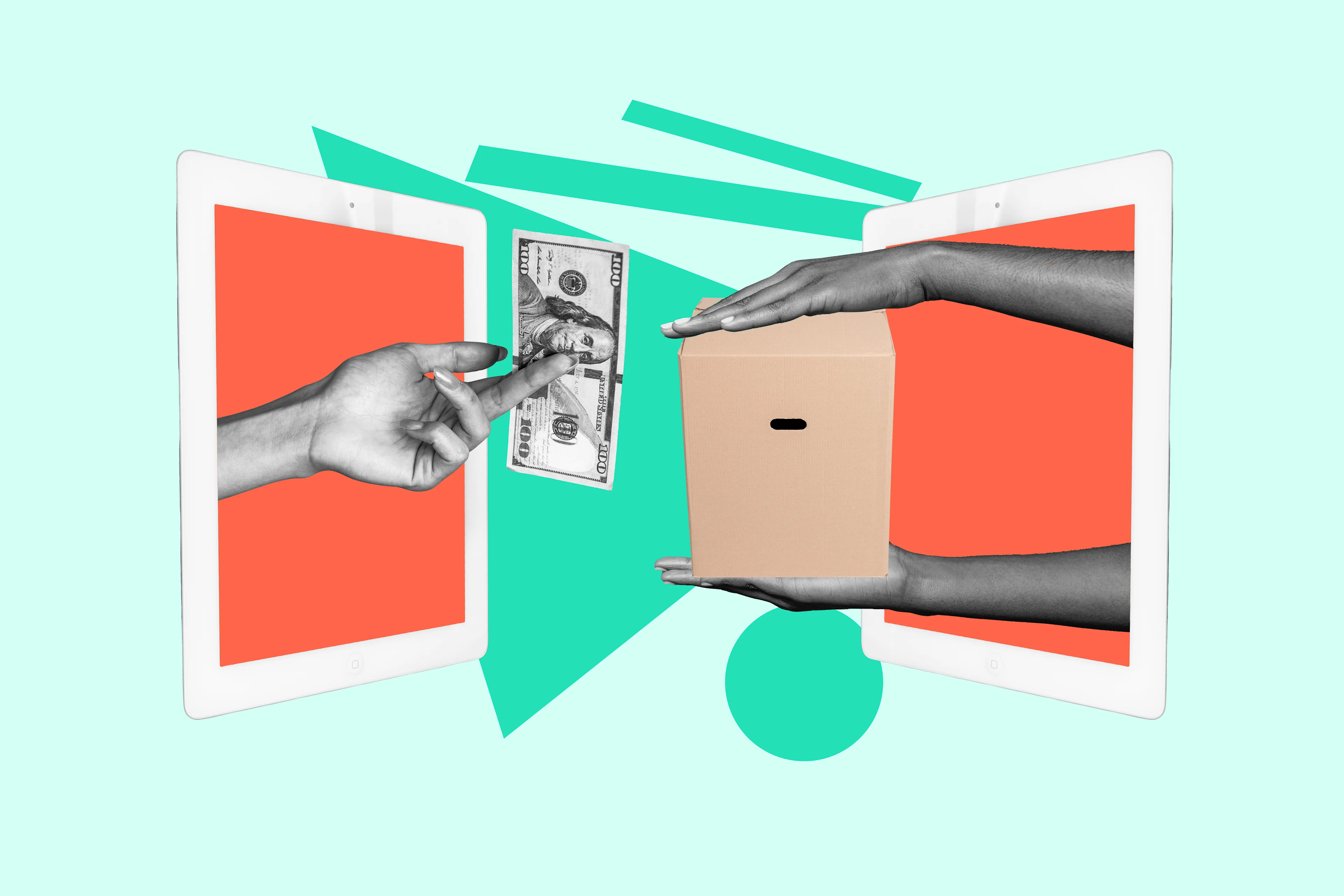 In a vibrant, surreal collage, hands emerge from tablet devices exchanging cash for a package, illustrating the concept of online purchasing and digital consumerism.