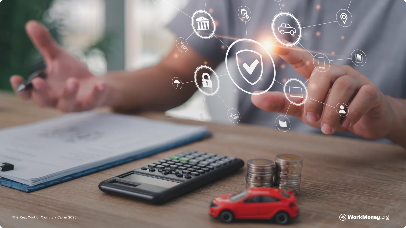 Person looking at their budget and considering a car purchase and all the associated expenses.