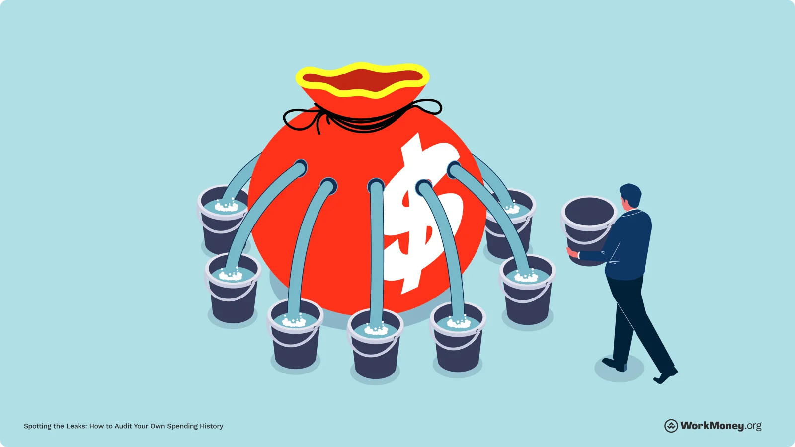 A man brings buckets to spot all the spots that are leaking from a bag of money.