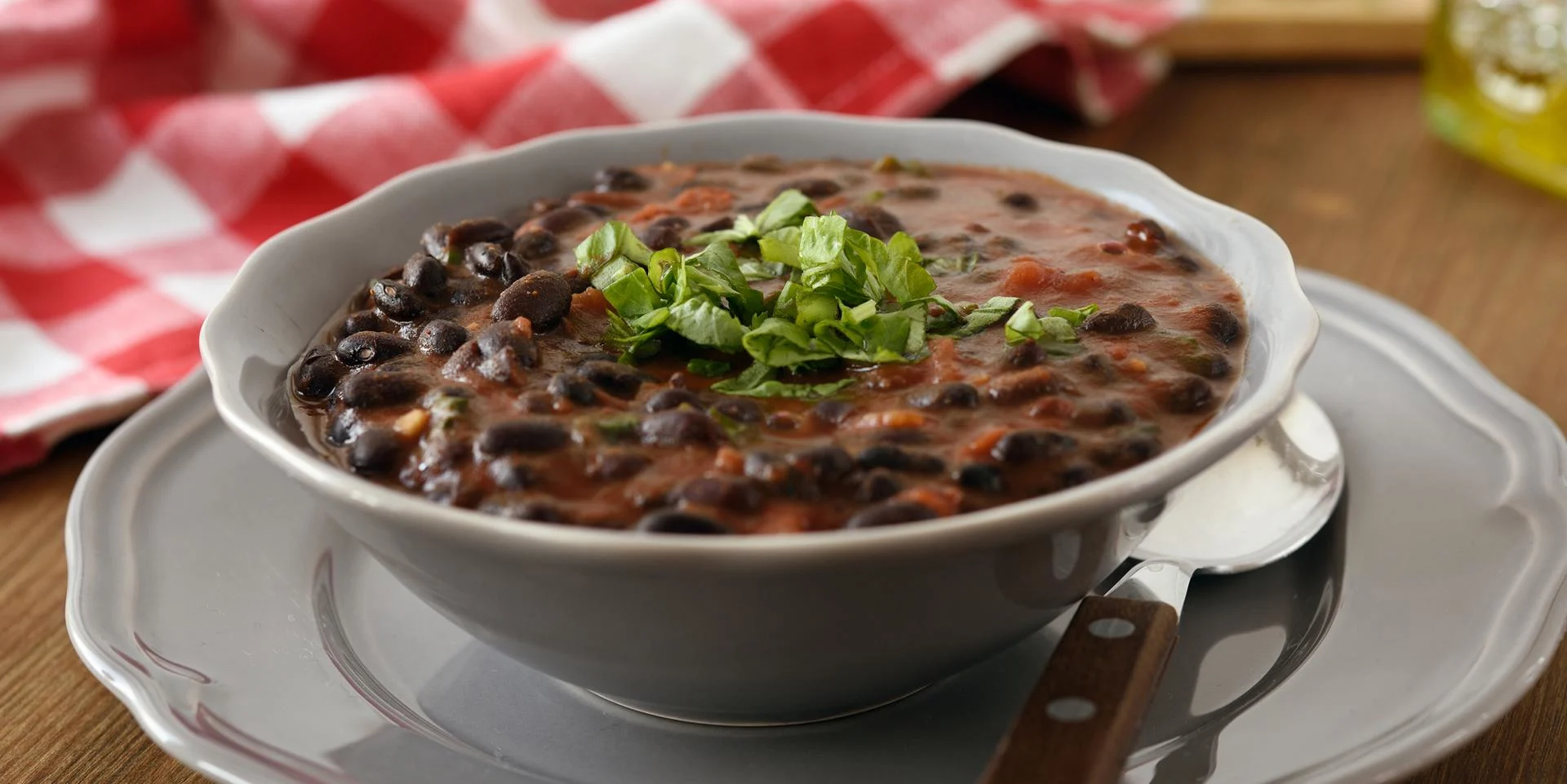 A bowl of black bean soup.