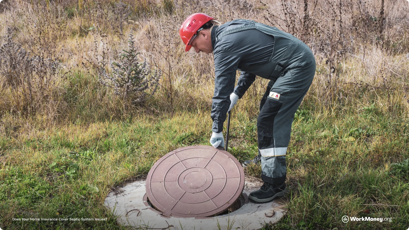 Septic inspector lifts a cover.