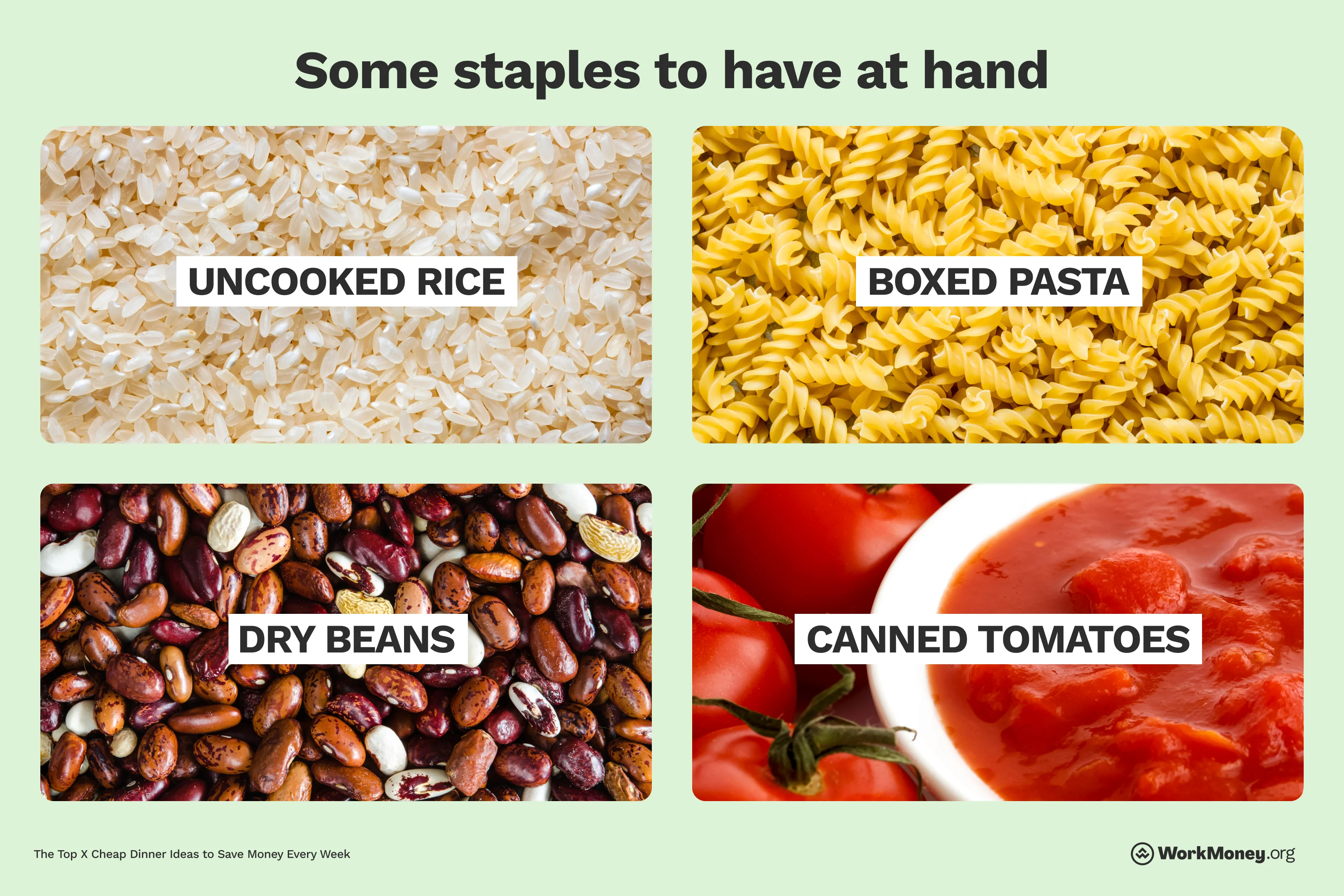 Shows uncooked rice, dried beans, pasta and canned tomatoes