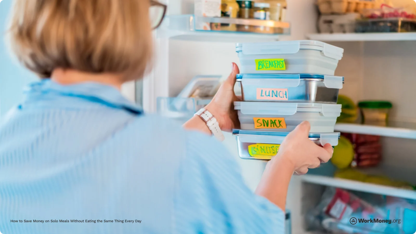 Person placing labeled meal prep containers marked ‘Breakfast,’ ‘Lunch,’ ‘Snack,’ and ‘Dinner’ into a refrigerator, illustrating organized meal planning.