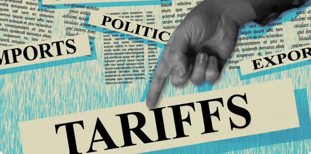 A collage-style graphic with the words "TARIFFS," "IMPORTS," "EXPORTS," and "POLITICS," and a hand pointing at the word "TARIFFS."