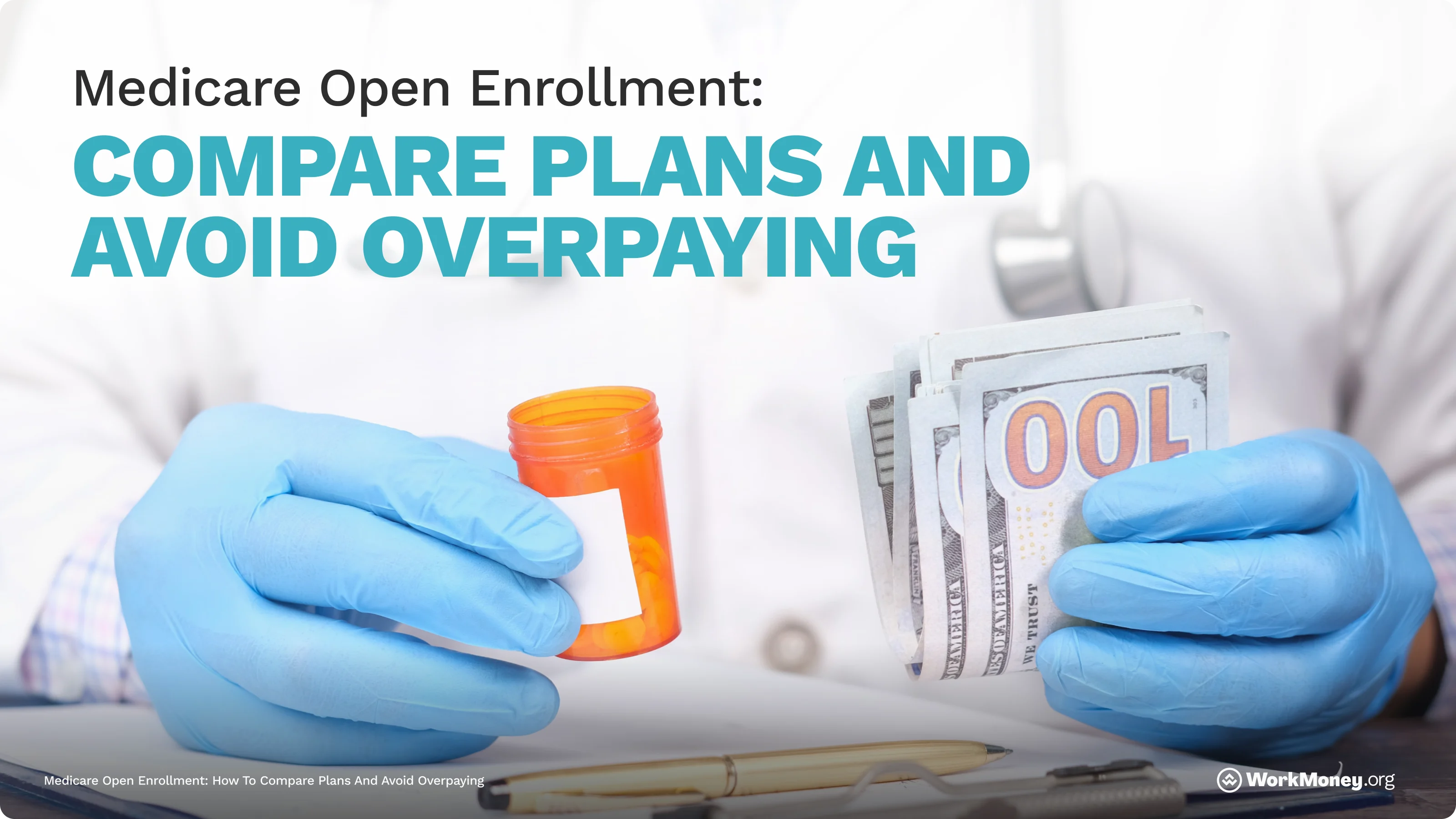 A doctor holds a prescription bottle in one hand and a money in the other.