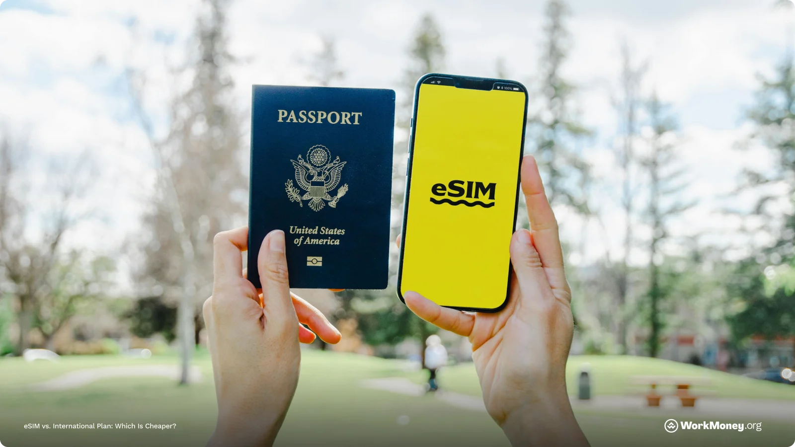 Passport and a phone saying eSIM on it