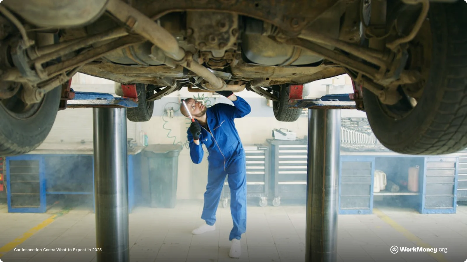 Man looking under car that's raised