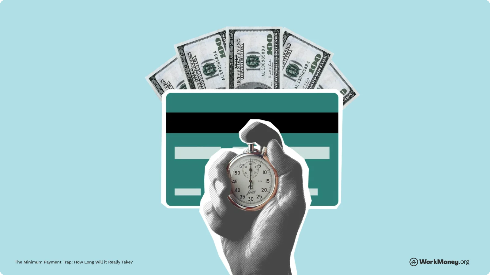 A hand holds up a timer in front of a credit card and a bundle of cash.