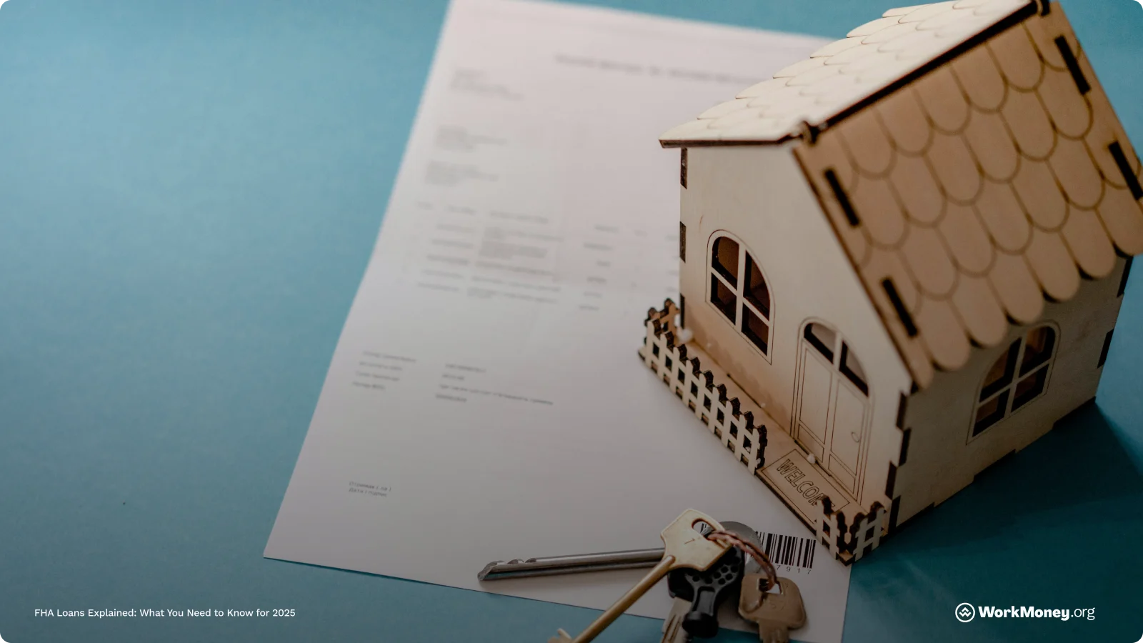 Loan paperwork next to house keys and little wooden house.
