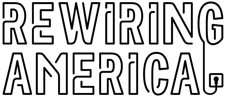 Rewiring America logo in bold, outlined text with a stylized electric plug integrated into the letter 'G' and connecting to a socket symbol below.