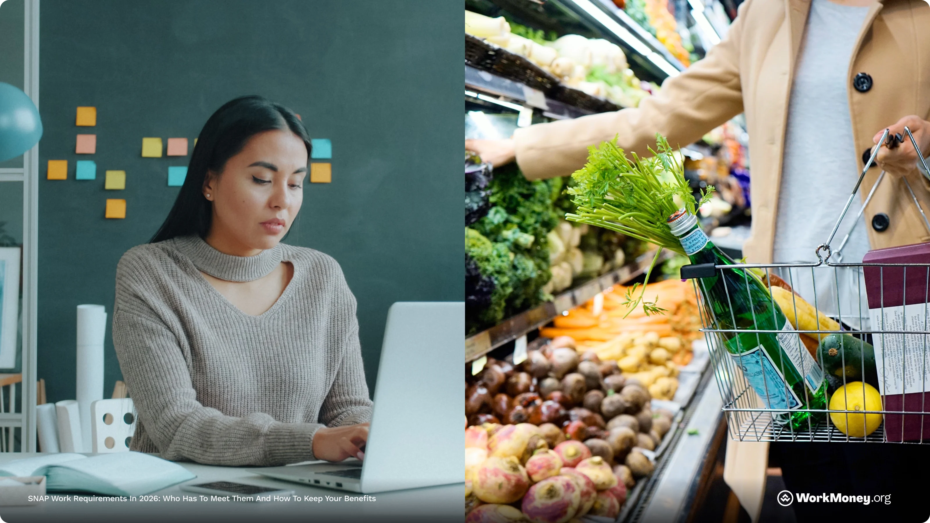 A woman works at a computer on one side and is picking out groceries on the other side.