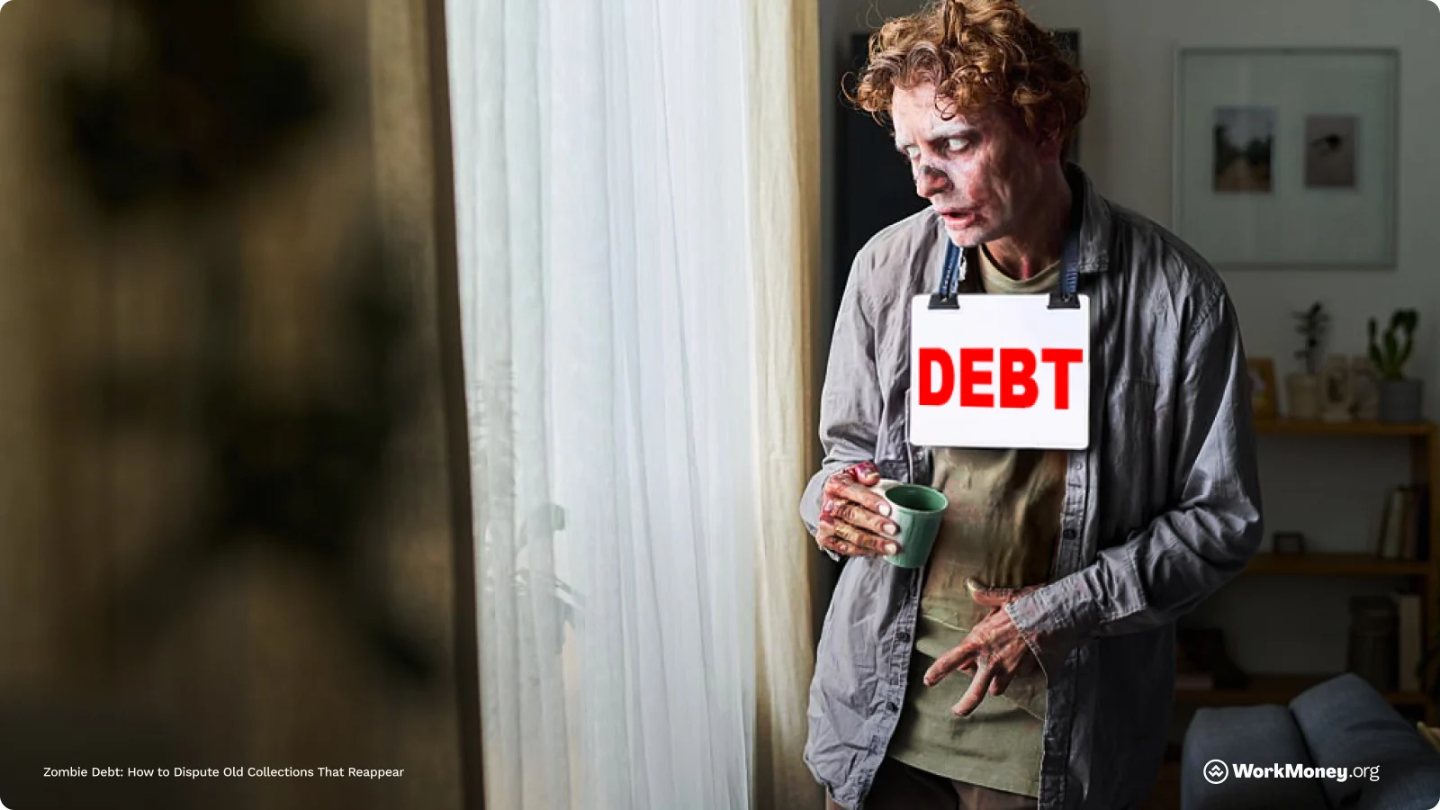 A zombie labeled debt looks out a window 