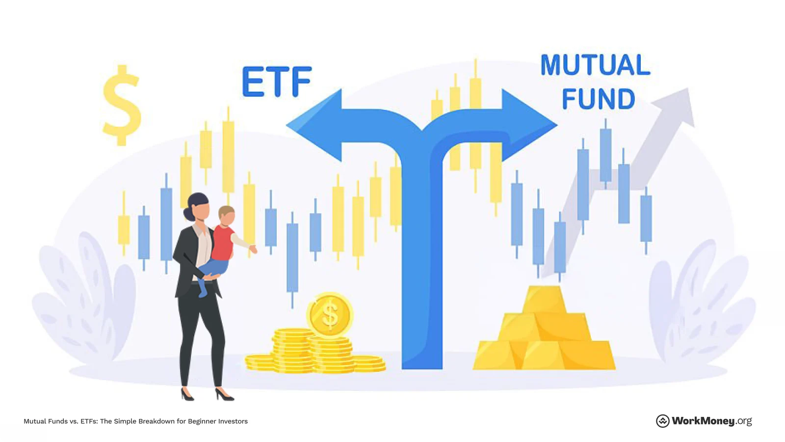 A woman must decide between ETF or mutual fund for investing.