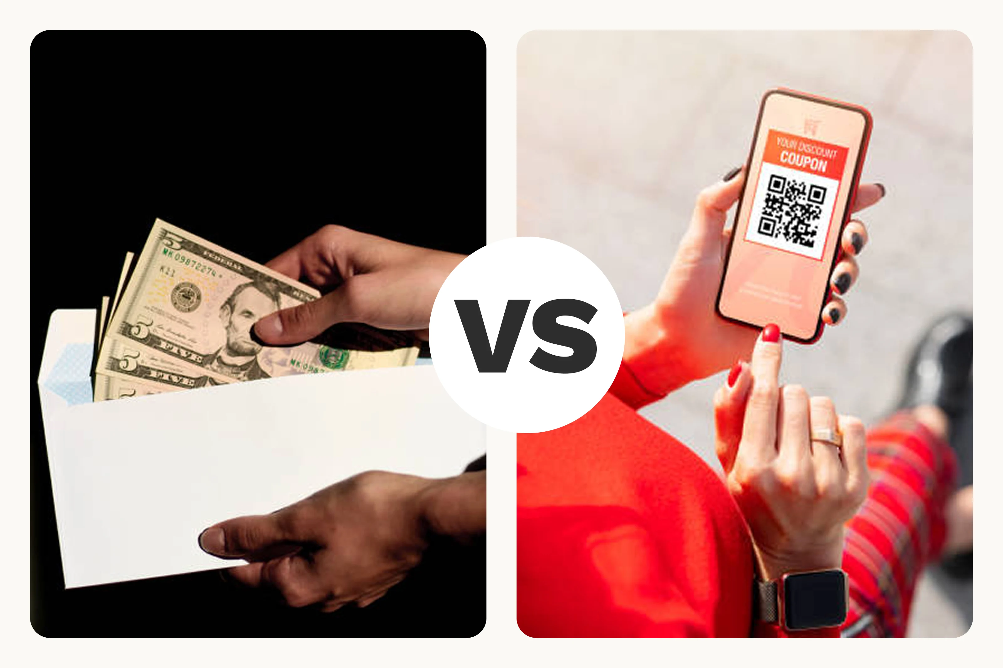  Split-screen image contrasting traditional savings with modern ones: one side shows hands placing U.S. dollar bills in an envelope, while the other shows a person using a discount QR code on a phone, separated by a “VS” circle.
