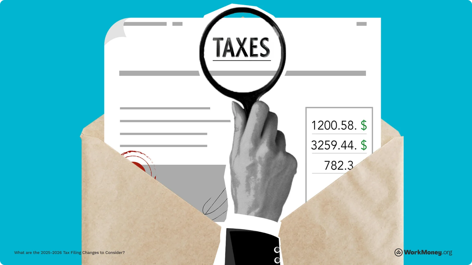 Hand holding up a magnifing glass to some tax papers.