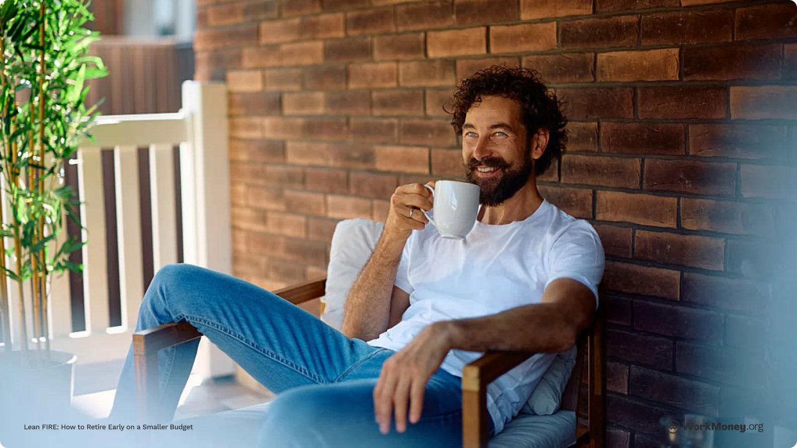 A man sits smiling sipping coffee on his porch.