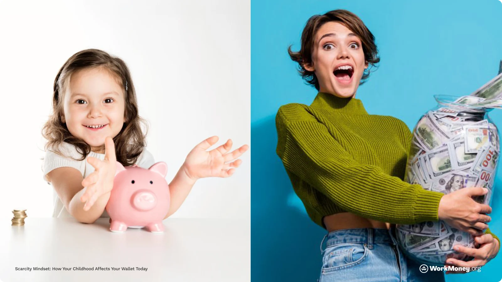 A young girl next to a piggy bank and her as a grown adult holding a large container of money happy.