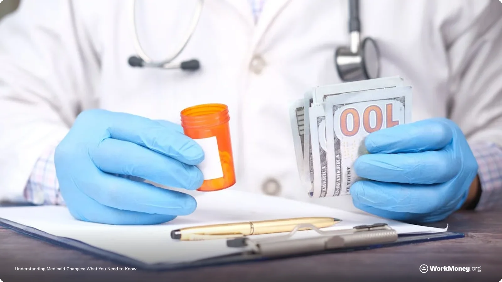 Doctor looking at a pill bottle