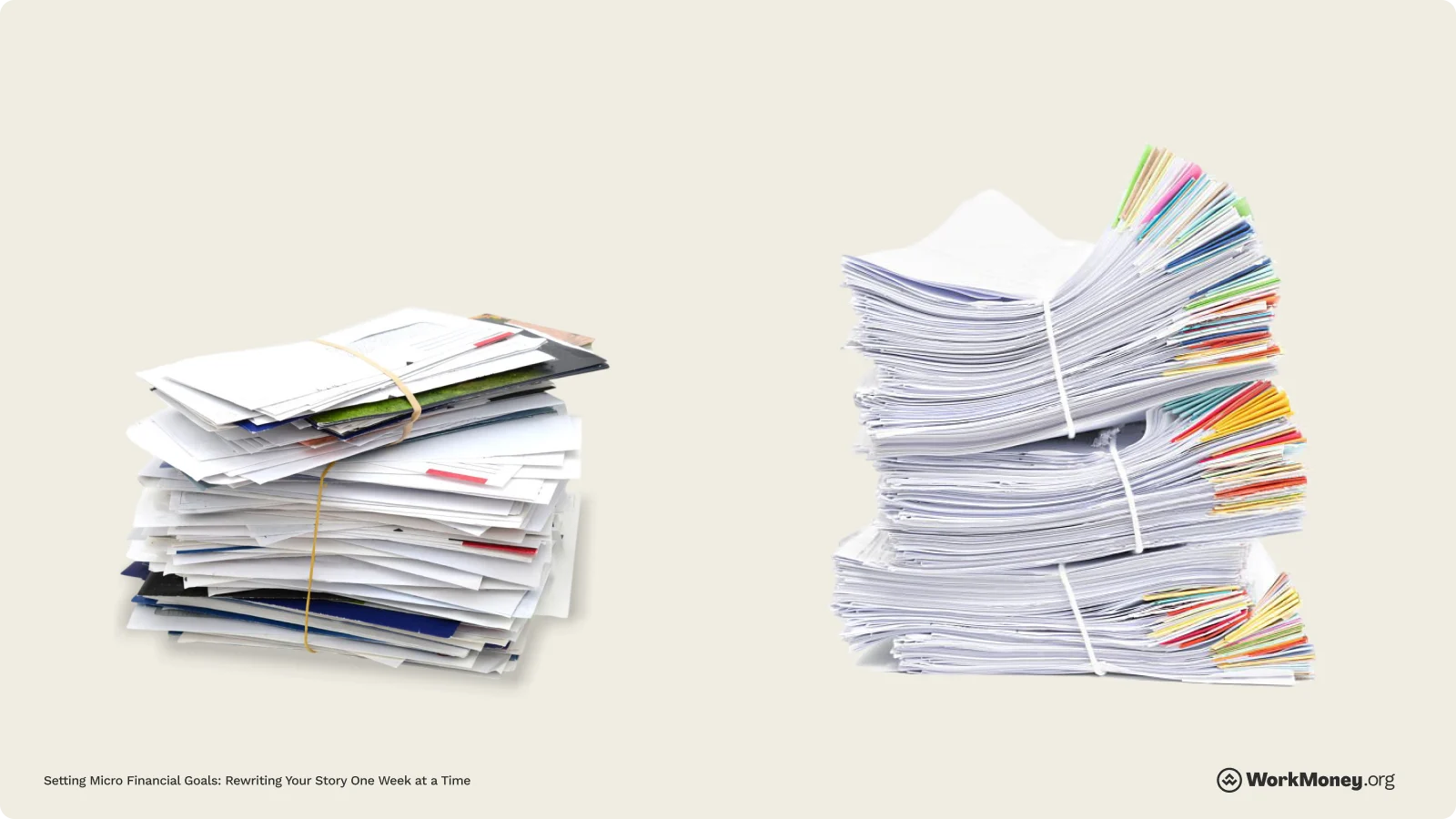 Two stacks of receipts, one all mixed up, the other color-coded and grouped together.