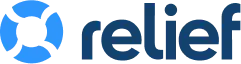 relief logo with a blue color wheel to the left of the word relief