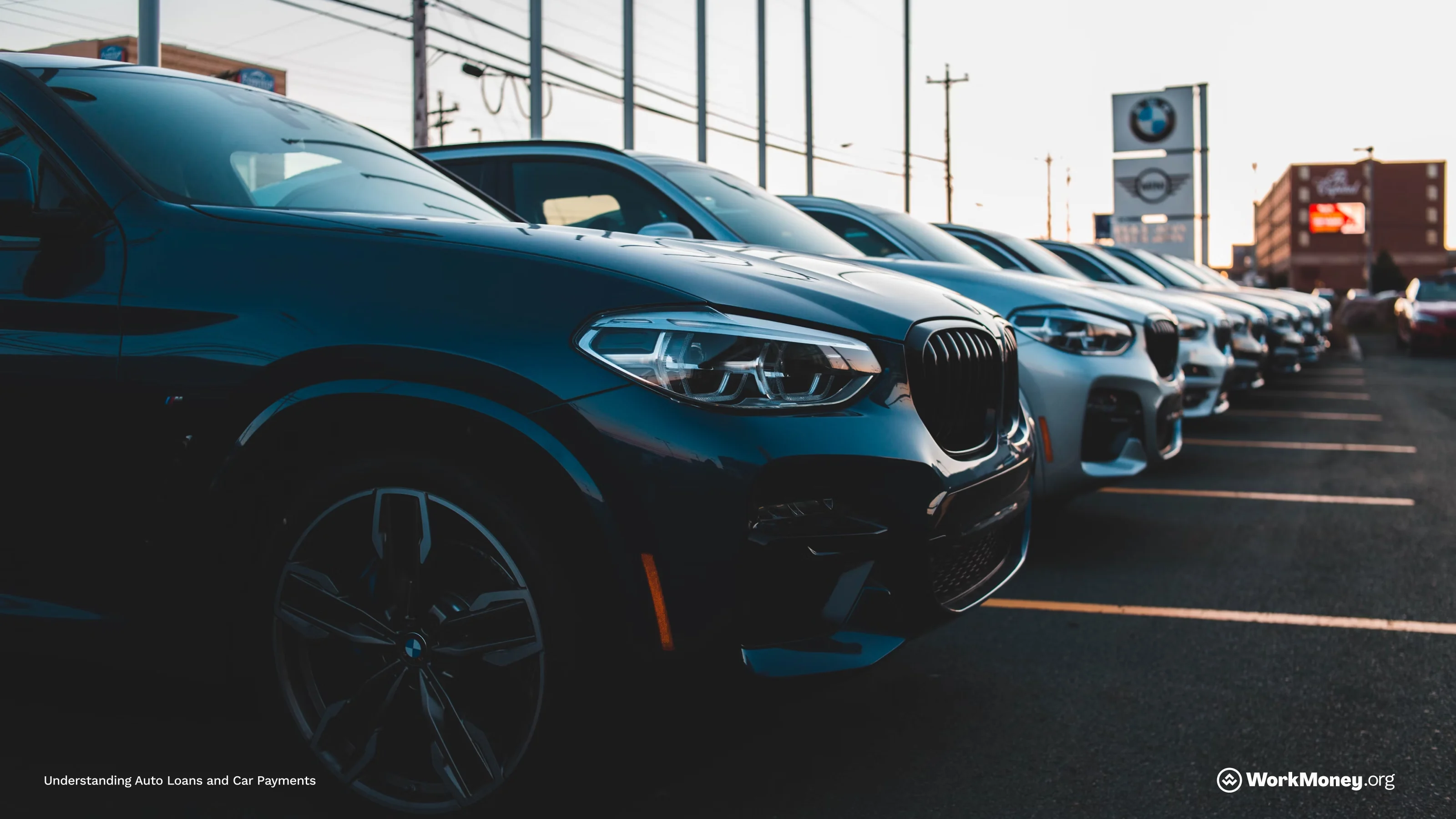 Cars lined up at an auto dealership
