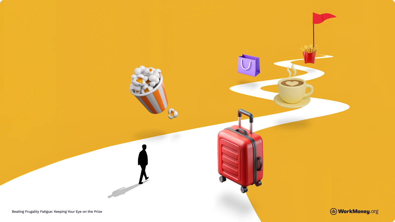 A person walks along a path with travel, treats, purchases along the path.