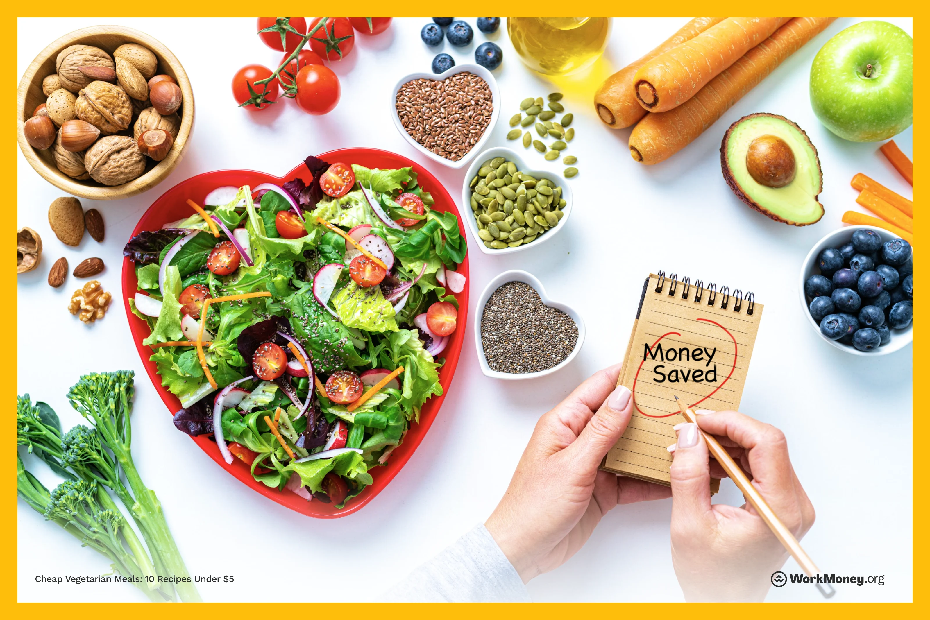 Yellow image of vegetables in a heart shape with a shopping list