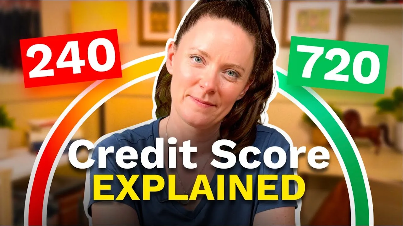 A woman with brown hair and a colored arc behind her going from red to green. Below her is text that says credit score explained, to her left is a red box with the number 240 in white, to her right is a green box with the number 720 in white.