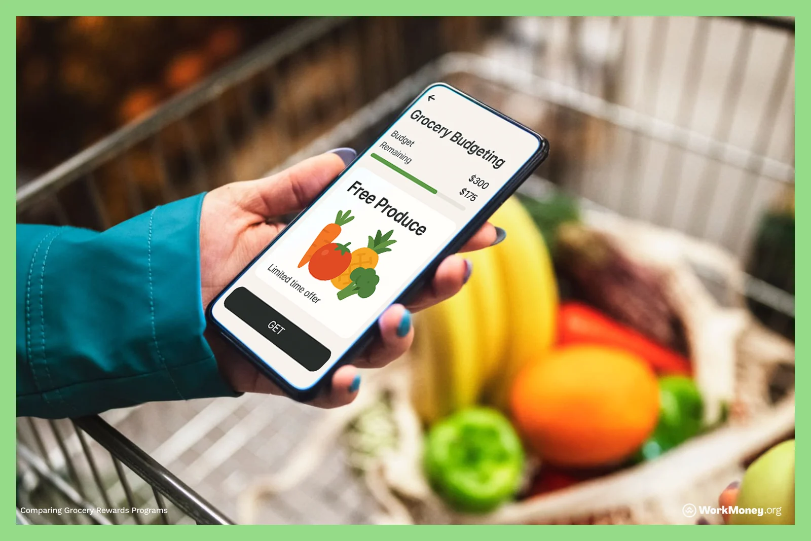 Person using a grocery budgeting app on a smartphone, displaying a $300 budget with $175 remaining and a limited-time offer for free produce, while shopping with a cart full of fruits and vegetables.