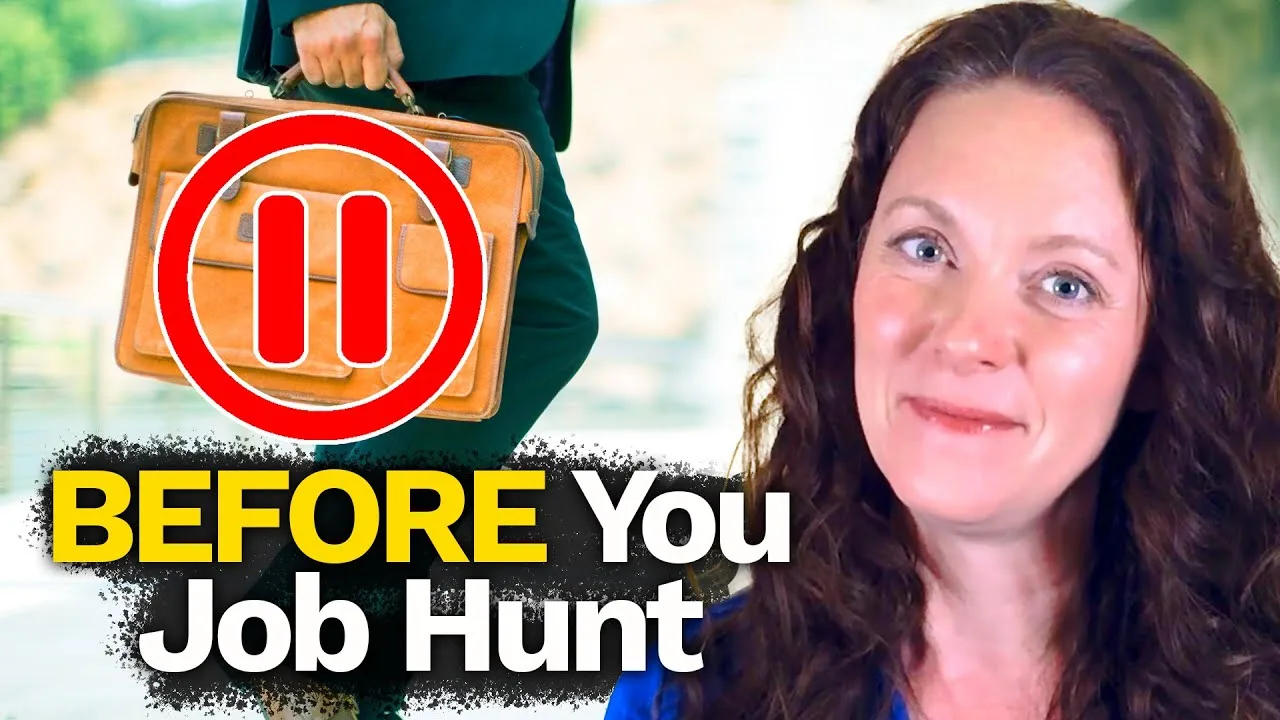 A woman with brown hair smiling in front of a person holding a briefcase. There is a pause icon in red over the words before you job hunt