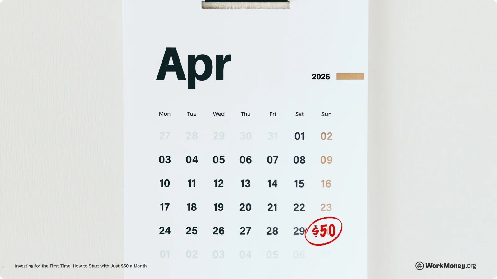 Calendar noting $50 a month as goal