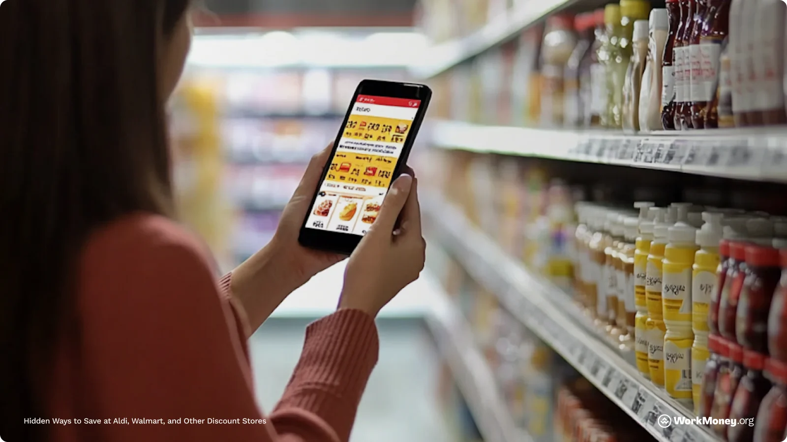 Woman looks at her phone and pricing standing in a grocery store aisle