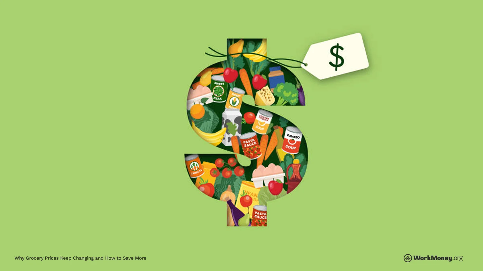 Illustration of a large dollar sign filled with grocery items like vegetables, canned goods, and packaged food, set against a green background with a price tag attached.