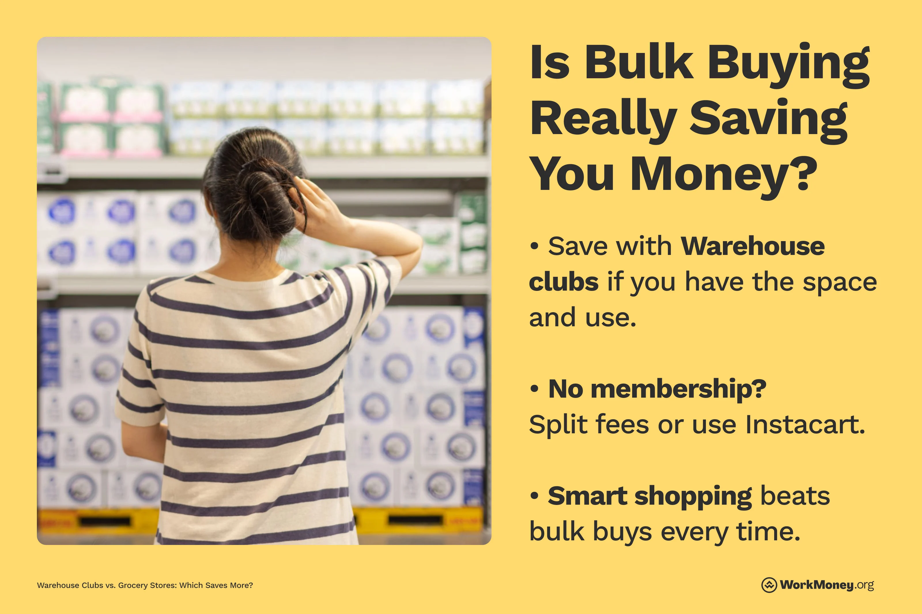 A woman stands in front of a shelf of bulk-packaged household goods, scratching her head as she looks at the options. Text beside her reads: “Is Bulk Buying Really Saving You Money?” with tips on warehouse clubs, membership sharing, and smart shopping strategies.