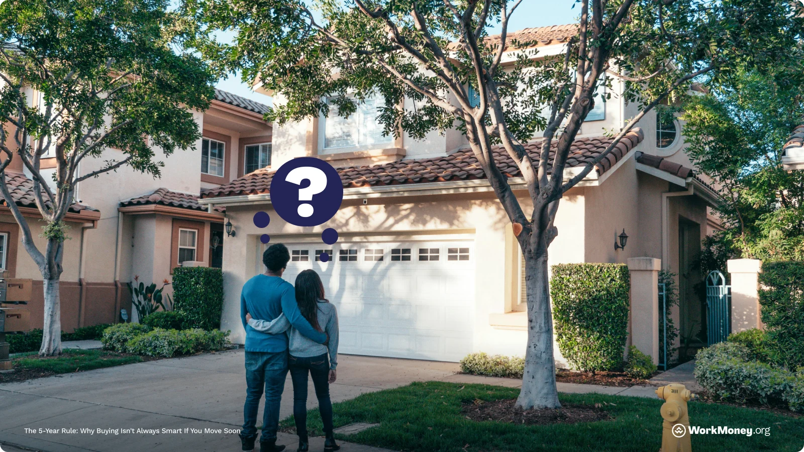 A couple stand in front of a house questioning a possible purchase.