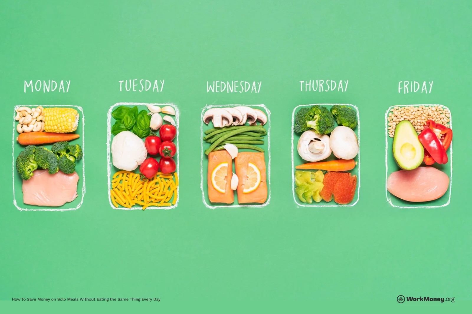 Five meal prep containers arranged by weekday (Monday to Friday) on a green background, each filled with colorful, fresh ingredients like vegetables, grains, and proteins to illustrate varied solo meal planning.