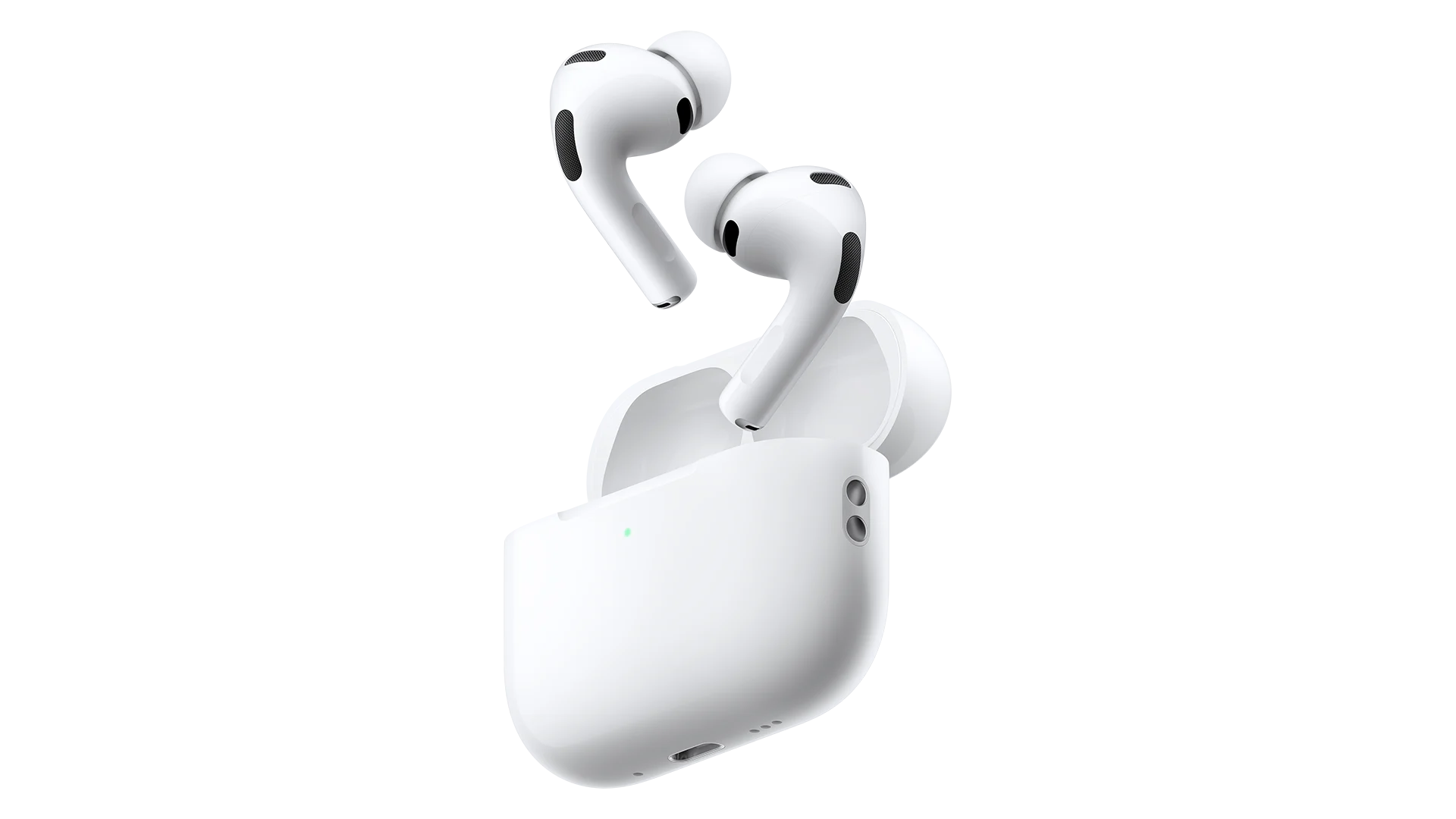 AirPods pro 3 med laddningsetui, öppet lock. Hörlurarna svävar ovanför etuiet.