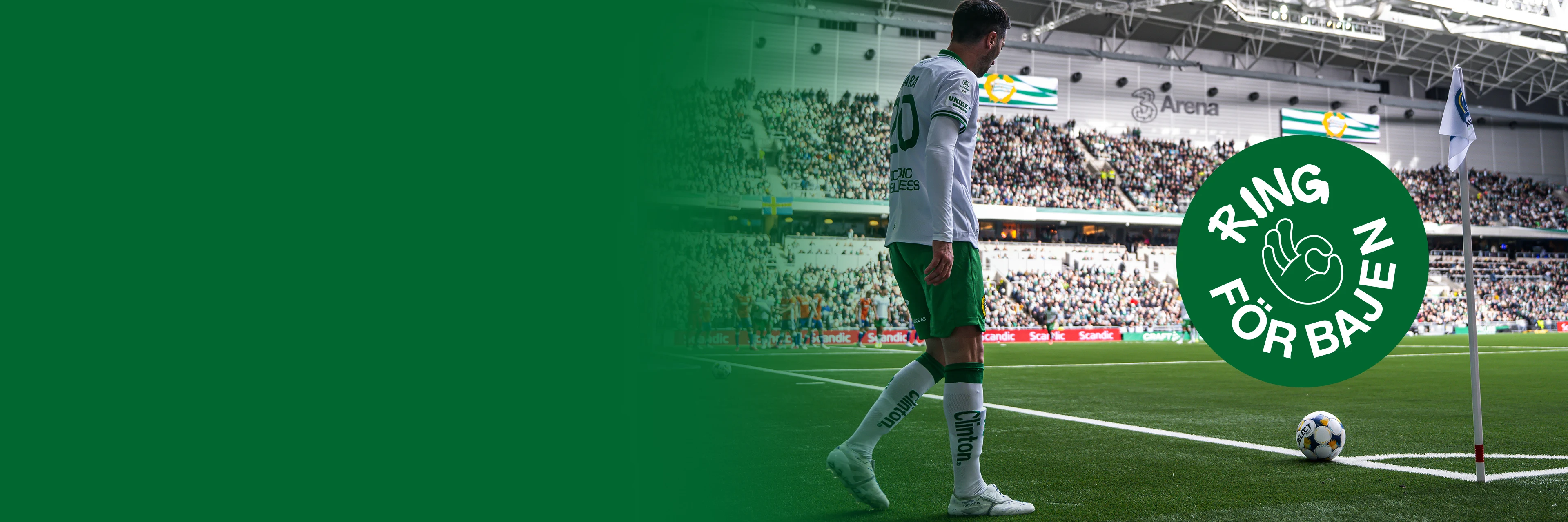 Hammarbyspelare vid hörnflaggan på 3Arena, med texten "Ring för Bajen" i förgrunden.