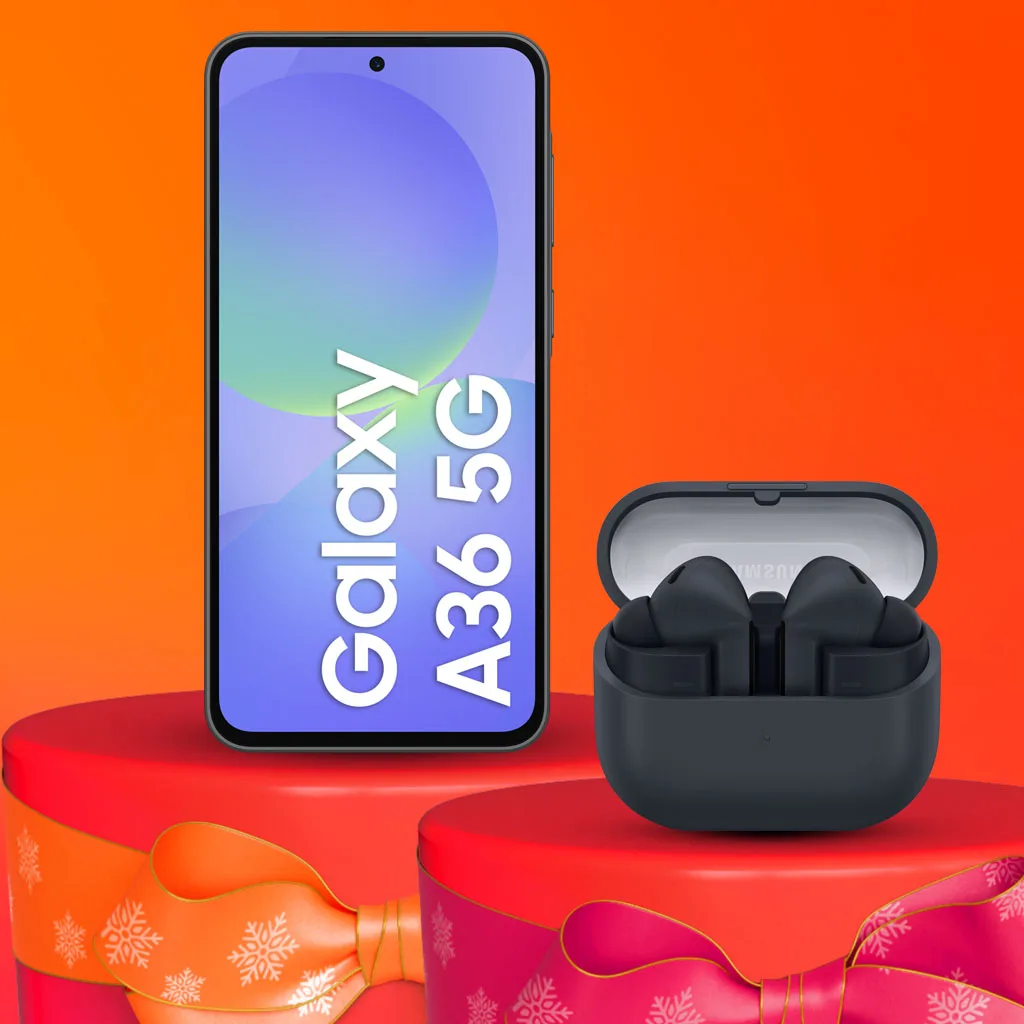 Smartphone och hörlurar på röda presentaskar med orange bakgrund. Texten "Galaxy A36 5G" visas på skärmen.
