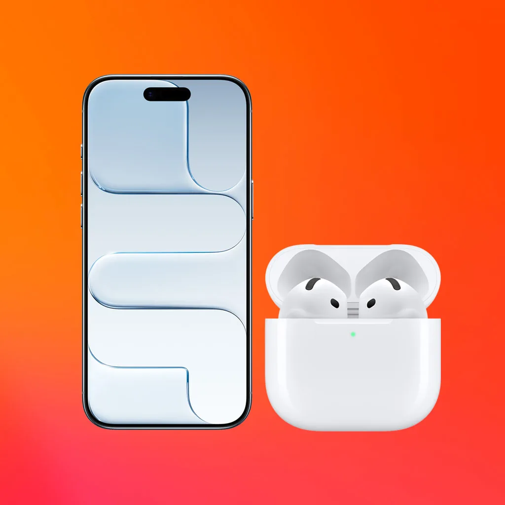 Smartphone och trådlösa hörlurar i vitt fodral mot orange bakgrund.